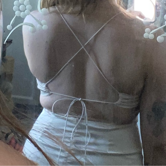 Blush-Cream Satin midi dress with a cowl neckline and a laced cross back. - Picture 7 of 7